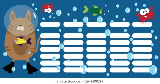 Timetable for elementary school, with cute diver cat and crab.