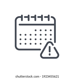 Icono de línea de error de tiempo. Calendario con signo de contorno vectorial de notificación de alerta.