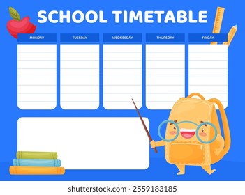 Timetable with Funny School Bag with Smiling Face Vector Template