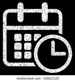 Timetable grainy textured icon for overlay watermark stamps. Flat symbol with unclean texture. Dotted vector white ink rubber seal stamp with grunge design on a black background.