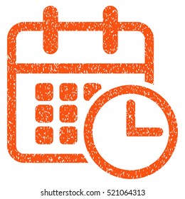 Timetable grainy textured icon for overlay watermark stamps. Flat symbol with unclean texture. Dotted vector orange ink rubber seal stamp with grunge design on a white background.