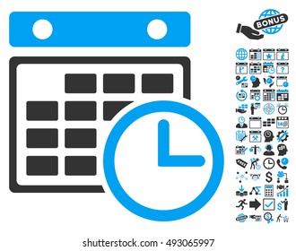 Timetable icon with bonus calendar and time management pictures. Vector illustration style is flat iconic bicolor symbols, blue and gray colors, white background.