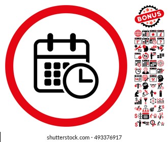 Timetable icon with bonus calendar and time management pictogram. Vector illustration style is flat iconic bicolor symbols, intensive red and black colors, white background.