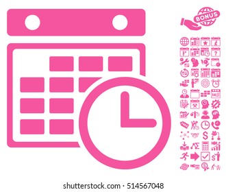 Timetable icon with bonus calendar and time management pictogram. Vector illustration style is flat iconic symbols, pink color, white background.
