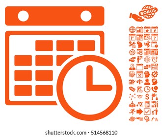 Timetable icon with bonus calendar and time management clip art. Vector illustration style is flat iconic symbols, orange color, white background.