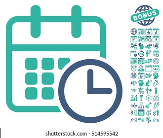 Timetable icon with bonus calendar and time management images. Vector illustration style is flat iconic bicolor symbols, cobalt and cyan colors, white background.
