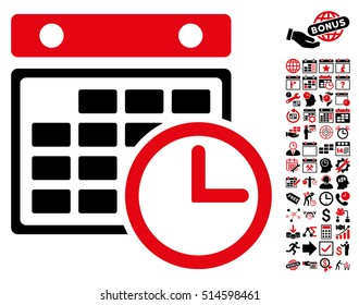 Timetable icon with bonus calendar and time management graphic icons. Vector illustration style is flat iconic bicolor symbols, intensive red and black colors, white background.