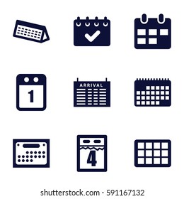 timetable icons set. Set of 9 timetable filled icons such as arrival table, 1st day calendar, calendar