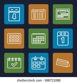 timetable icons set. Set of 9 timetable outline icons such as arrival table, 1st day calendar