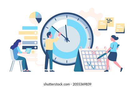 Timetable managing. Effective workflow organization. Planning work productivity. Office employees make schedule and tasks plan. Large round clock dial and calendar. Time management. Vector concept