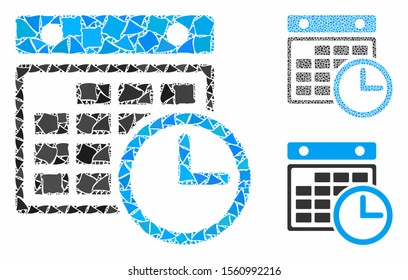 Timetable mosaic of ragged items in variable sizes and color tints, based on timetable icon. Vector ragged items are united into mosaic. Timetable icons collage with dotted pattern.