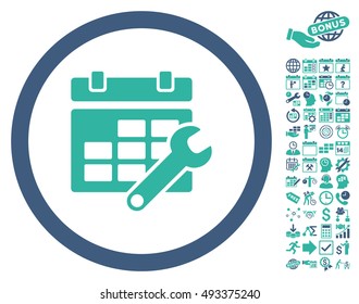 Timetable Options Wrench icon with bonus calendar and time management design elements. Vector illustration style is flat iconic bicolor symbols, cobalt and cyan colors, white background.