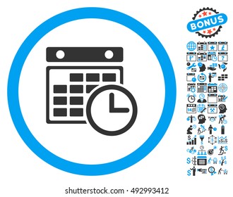 Timetable pictograph with bonus calendar and time management icon set. Vector illustration style is flat iconic bicolor symbols, blue and gray colors, white background.