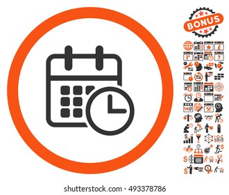 Timetable pictograph with bonus calendar and time management icon set. Vector illustration style is flat iconic bicolor symbols, orange and gray colors, white background.