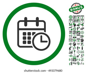 Timetable pictograph with bonus calendar and time management pictogram. Vector illustration style is flat iconic bicolor symbols, green and gray colors, white background.