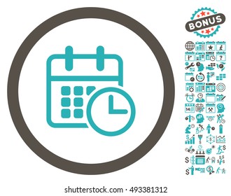 Timetable pictograph with bonus calendar and time management pictograph collection. Vector illustration style is flat iconic bicolor symbols, grey and cyan colors, white background.
