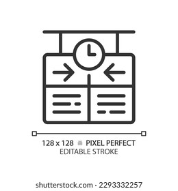 Timetable pixel perfect linear icon. Train schedule. Arrival departure board. Passenger information system. Thin line illustration. Contour symbol. Vector outline drawing. Editable stroke