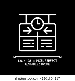 Timetable pixel perfect white linear icon for dark theme. Train schedule. Arrival departure board. Passenger information system. Thin line illustration. Isolated symbol for night mode. Editable stroke