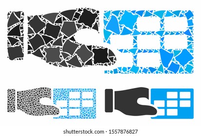 Timetable properties composition of rough elements in various sizes and color tints, based on timetable properties icon. Vector rough pieces are organized into collage.