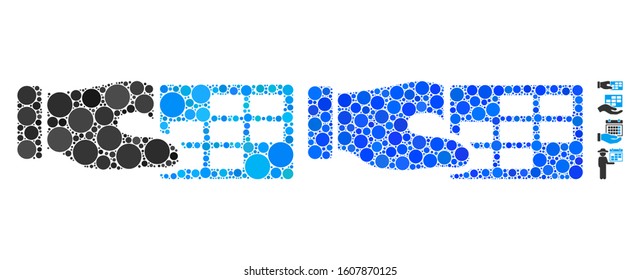 Timetable properties composition of small circles in various sizes and color tones, based on timetable properties icon. Vector small circles are united into blue collage.