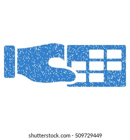 Timetable Properties grainy textured icon for overlay watermark stamps. Flat symbol with scratched texture. Dotted vector cobalt ink rubber seal stamp with grunge design on a white background.
