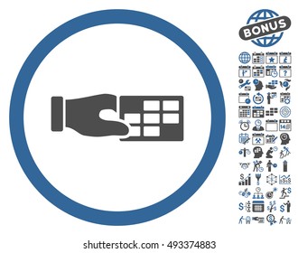 Timetable Properties Hand icon with bonus calendar and time management images. Vector illustration style is flat iconic bicolor symbols, cobalt and gray colors, white background.