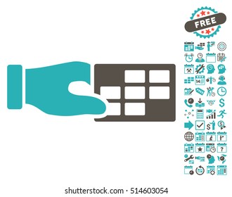 Timetable Properties Hand icon with bonus calendar and time management clip art. Vector illustration style is flat iconic bicolor symbols, grey and cyan colors, white background.