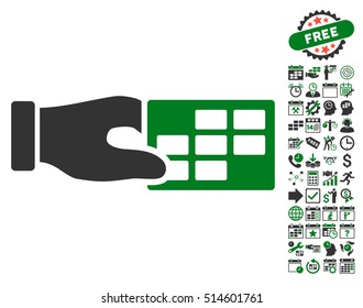 Timetable Properties Hand pictograph with bonus calendar and time management clip art. Vector illustration style is flat iconic bicolor symbols, green and gray colors, white background.