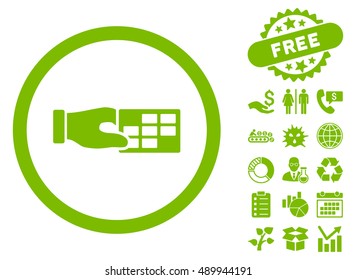 Timetable Properties icon with free bonus pictogram. Vector illustration style is flat iconic symbols, eco green color, white background.