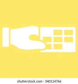 Timetable Properties vector icon. Style is flat symbol, white color, rounded angles, yellow background.