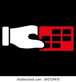 Timetable Properties vector icon. Style is bicolor flat symbol, red and white colors, rounded angles, black background.