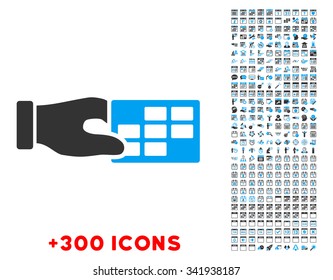 Timetable Properties vector pictogram with additional 300 date and time management icons. Style is bicolor flat symbols, blue and gray colors, rounded angles, white background.