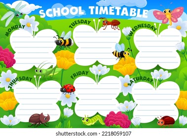 Timetable schedule with cartoon insect characters on summer meadow background frame. Vector school timetable or week schedule of student classes with cute butterfly, ant, bee and ladybug personages