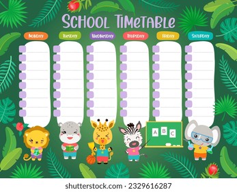 Fahrplan Grundschule. Wöchentliche Planer-Vorlage für Kinder. Cartoon Safari Tiere kawaii Studenten. Grüne tropische Blätter, Hintergrund. Zurück zum Schulposter druckbares Layout der Zeittabelle.