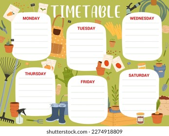 Timetable schedule, farm and gardening tools, vector education lessons plan. Kids school timetable schedule with farmer equipment, spade and rake, seeds box or watering can and gardening items