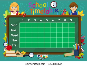 The timetable is the schedule of lessons in the school. School supplies, board and children.