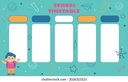 escuela de horarios sobre fondo azul con artículos escolares y un niño.