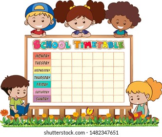 Planificación escolar de horarios con ilustración de caracteres