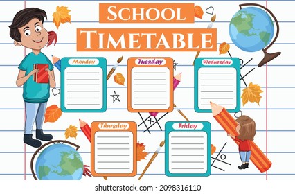 Timetable for school subjects. Education. Vector stock illustration. The guy is holding books. Pencils and Brushes. Blackboard background.