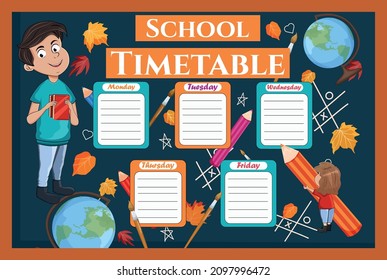  For the timetable of school subjects. Schedule. The illustration of a notebook that depicts a guy and items for school. Vector stock illustration. Character.