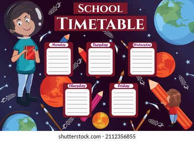 Timetable for school subjects. Student. Cartoon. Space and planets. Shooting star and milky way. Vector stock illustration. Gradient background. Character. School items.