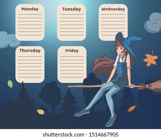 Timetable for school. Weekly planner template with the cute cartoon witch flying on her broom. Vector illustration.