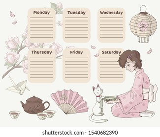 Timetable for school. Weekly planner template with a cute cartoon girl wearing yukata and sakura. Illustration of Japan Hanami Festival.