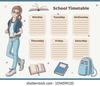 Timetable for school. Weekly planner template with cartoon girl, books and backpack. Vector illustration of a cute cartoon standing schoolgirl.