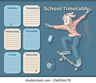 Timetable for school. Weekly planner template with cute cartoon teen dog on a skateboard. Vector illustration. Lessons schedule for boys. Teenager skater boy rides on skateboard.