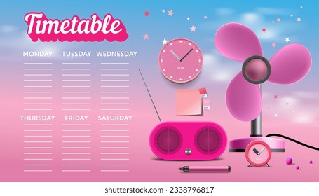 Timetable in girl’s style. Weekly planner, back to school template. Kids schedule design template. Vector illustration