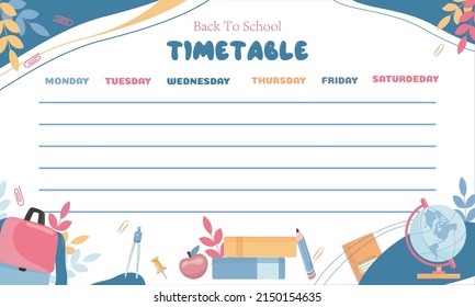 Timetable template for elementary school. Weekly planner template with school items.