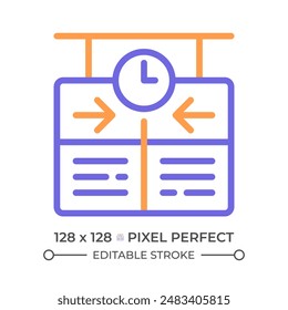 Timetable two color line icon. Train schedule. Arrival departure board. Passenger information system bicolor outline symbol. Duotone linear pictogram. Isolated illustration. Editable stroke