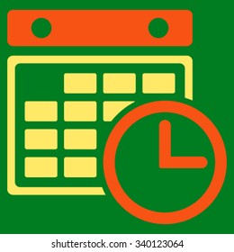 Timetable vector icon. Style is bicolor flat symbol, orange and yellow colors, rounded angles, green background.