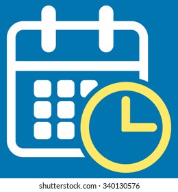 Timetable vector icon. Style is bicolor flat symbol, yellow and white colors, rounded angles, blue background.